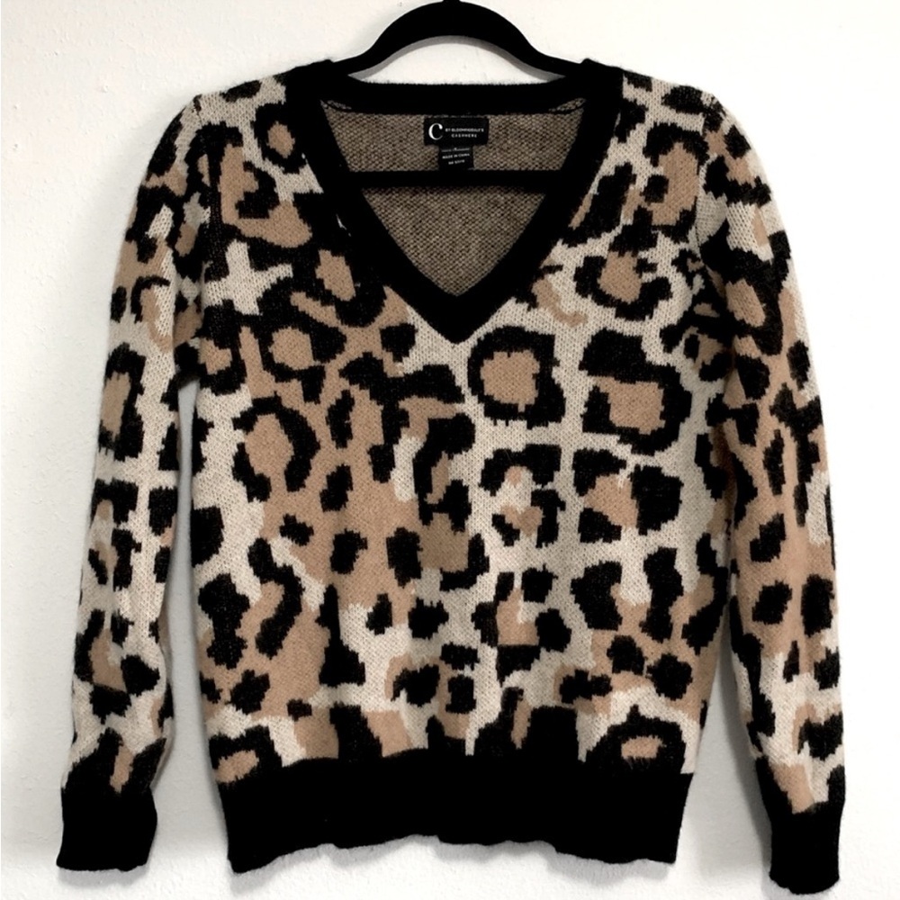 C By Bloomingdale's Cashmere Animal Print V-Neck Sweater Small